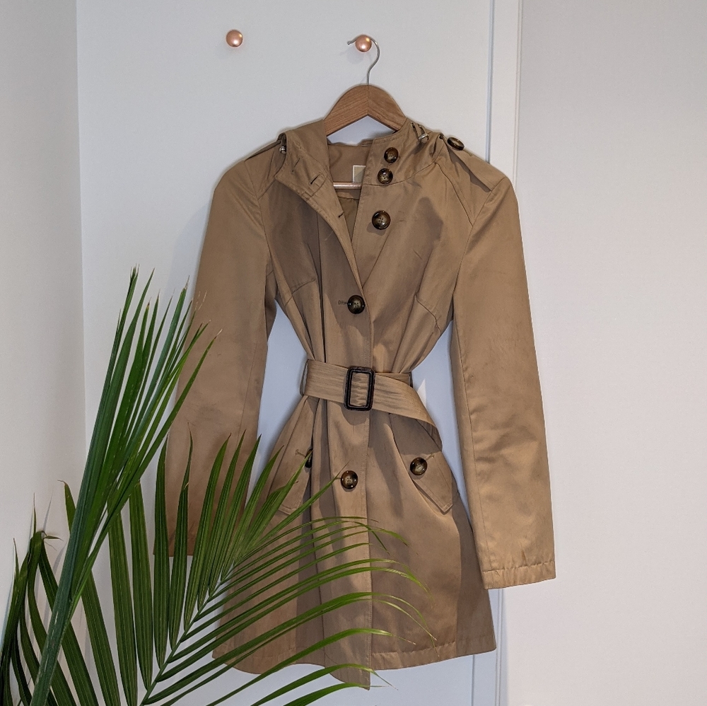 Tan trench coat with hood
